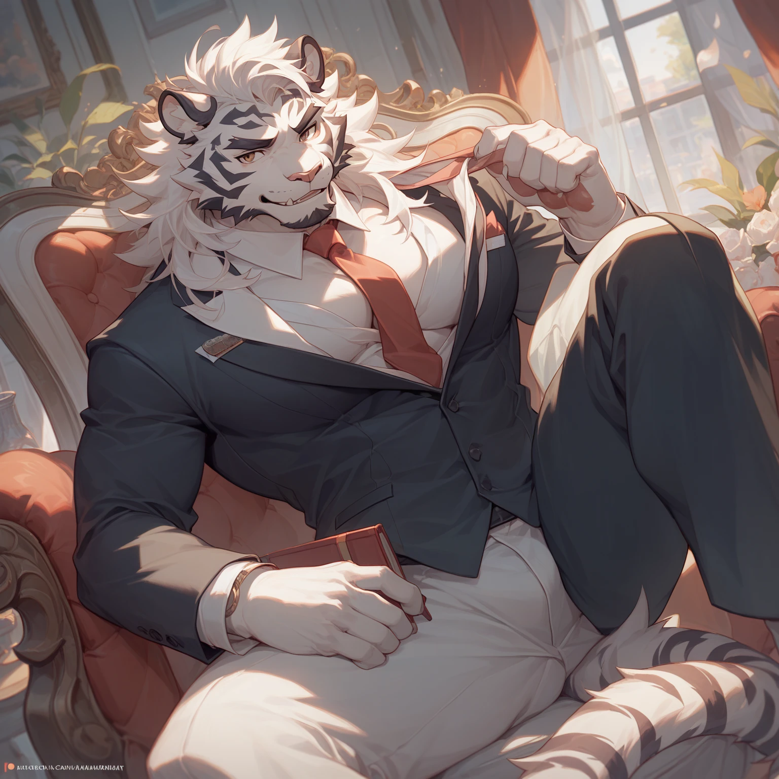 {{bara extremely handsome white tiger,}} {{white fur,}} white, wearing ornate trench coat, trousers, white dress shirt and necktie, white fluffy furry body and limbs, loafers, very tall, very broad shoulders, narrow waist, muscular arms, massive pecs, purple eyes, very long legs, sitting on swivel chair with legs spread, from below perspective, massive bulge, sophisticated hot look, sexy pose, full body, sunlight casting over, 3/4 view, best quality, high quality, silver earring on left ear, sultry smirk
