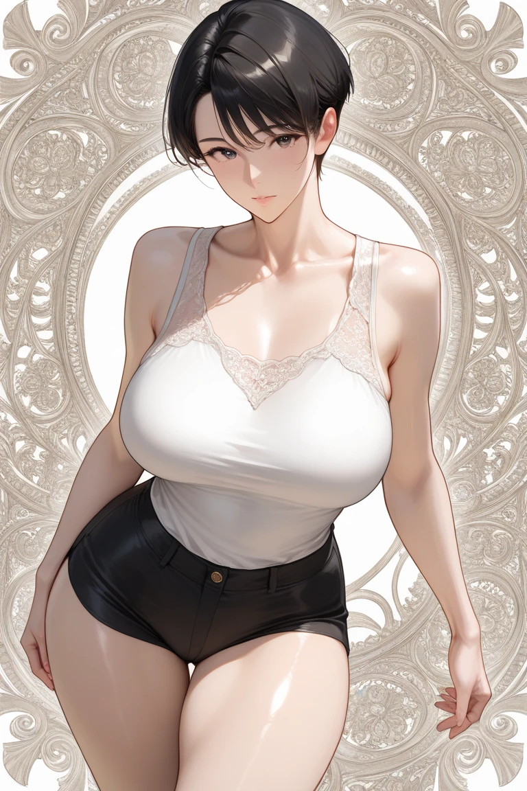 (((masterpiece, best quality, ultra highres, 1 girl, solo, white background))), super detailed skin and face and eyes and finger, cute japanese woman, small breasts, skinny, light brown hair, very short hair, knee shot, white background, 2D anime, boyish, expressionless, cartoon, Various poses, Please draw the entire character within the frame, ensuring that the head, arms and legs are not cut off, with the character positioned centrally, expressionless, nipples, female genitals visible through tight clothing, Sheer clothes, white one-piece swimsuit, sitting, spread legs, dark circles under the eyes,