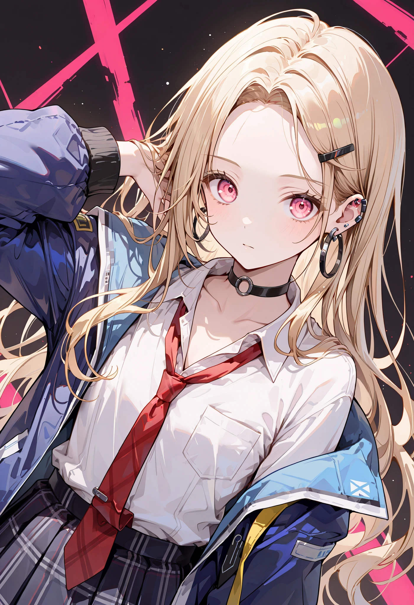 score_9, score_8_up, score_7_up, source_anime,dutch angle, absurdres,masterpiece,perfect anatomy,high resolution, ultra-detailed,beautiful detailed eyes,dutch angle,absurdres,1girl,solo,nnkk, pink eyes, blonde hair, long hair,forehead, hairclip, hoop earrings, black choker, white shirt, red necktie, loose necktie, blue jacket, plaid skirt,