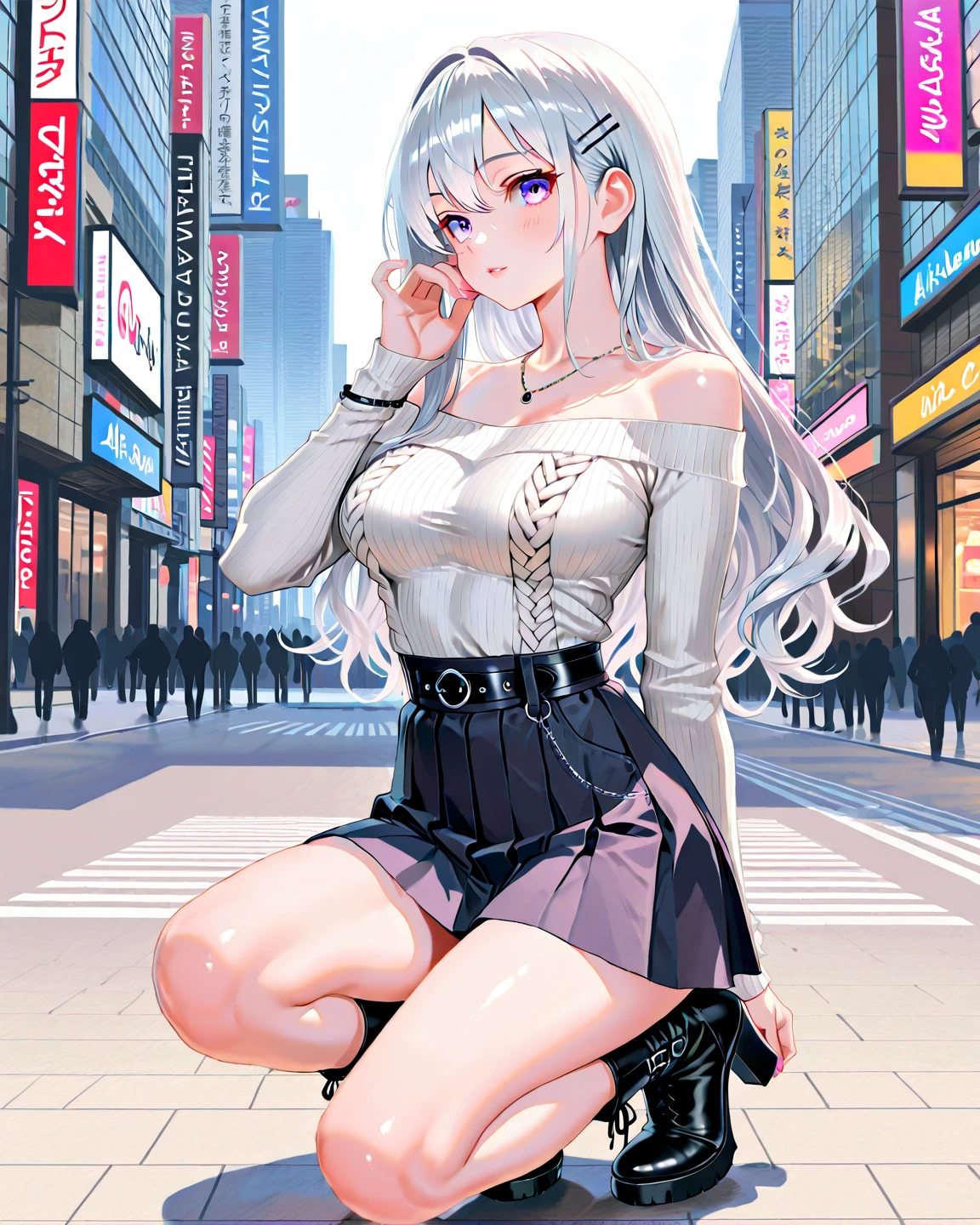 masterpiece:1.3、ultra high resolution:1.3、8K、woman、solo:1.3、big breasts、The style is very good.、White-silver hair、light blue eyes、ponytail、dropped shoulder oversized sweater 、sneakers、skirt、outdoor、Light pointing、apartment、city、blush、real moist skin、Stuffy、wet