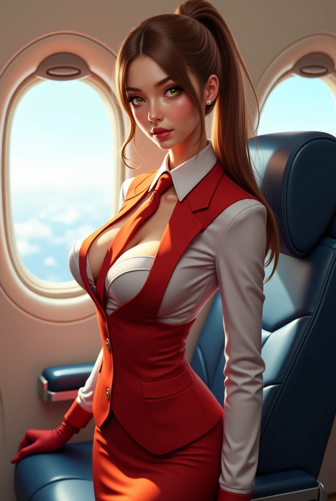 (8ก, Highest quality: 1.2), (Full body shot), Extremely detailed, thorough resolution, (realistic, realistic photo: 1.37), Portrait, high definition RAW color photograph, professionally arrested, high definition and beautiful, high definition, 8ก Image wallpaper, Amazing details, Big file size, highly detailed beautiful girl, Extremely detailed face, (Finely defined super beautiful eyes:1.8), The nose has a precise shape., expressive lips,(sunset,classroom background:1.2) , one story, cute girl, realistic、 (Cinematic scene,Fantasy Art,Best Quality,High quality,High Definition,high quality texture,high detailing,Beautiful detailed,fine detailed,extremely details CG,Detailed texture,realistic representation of face,masutepiece,presence,Dynamic,Bold),1gir,Ultra detailed skin,Curve,(coverd nipple:0.8),Beautiful breasts,small breasts,pale skin,pointed breast,Erect nipples,(Ultra Thin hair),(Ultra Soft hair),(ultra straight hair),Swept long bangs,very light coppery amber hair,Hair over one eye,very skinny body,smart abs,( sexy flight attendant outfit:1.5), (white long boots with high heels),(smile:1.3),