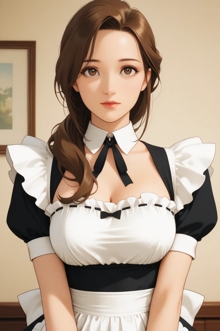 obra maestra, mejor calidad, highest qualityr, Perfect Anatomia, high resolusion, ultra detallada, fondo de pantalla de 8k, textura, detalle, only one, HDR, CG extremadamente detallado, Azuma Hisato, 1 girl in, solo, cuerpo completo, de pie, cola de caballo, brown-hair, flequillo , ojos_marrones, 20 year, mujer madura, mirando al espectador, sonrisa, cara lasciva, (Beautiful,large_Breasts:1.4), (beautiful_face:1.5),(narrow_waist), uniforme de oficina,desnuda,