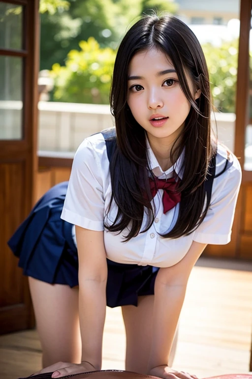 a closeup,Cute girl with big alafed sitting on floor with legs crossed, a hyperrealistic schoolgirl, a hyperrealistic schoolgirl, Spar short pleated skirt on uniform Y-shirt、Wearing dark blue high socks, Cute Schoolgirl, Surreal Schoolgirl, School Girl, of a schoolgirl posing, dressed as schoolgirl, teenage female schoolgirl, absolutely outstanding image,Perfect body balance,extra detailed face,Detailed blue eyes,Loafer Leather Shoes,hightquality,8K