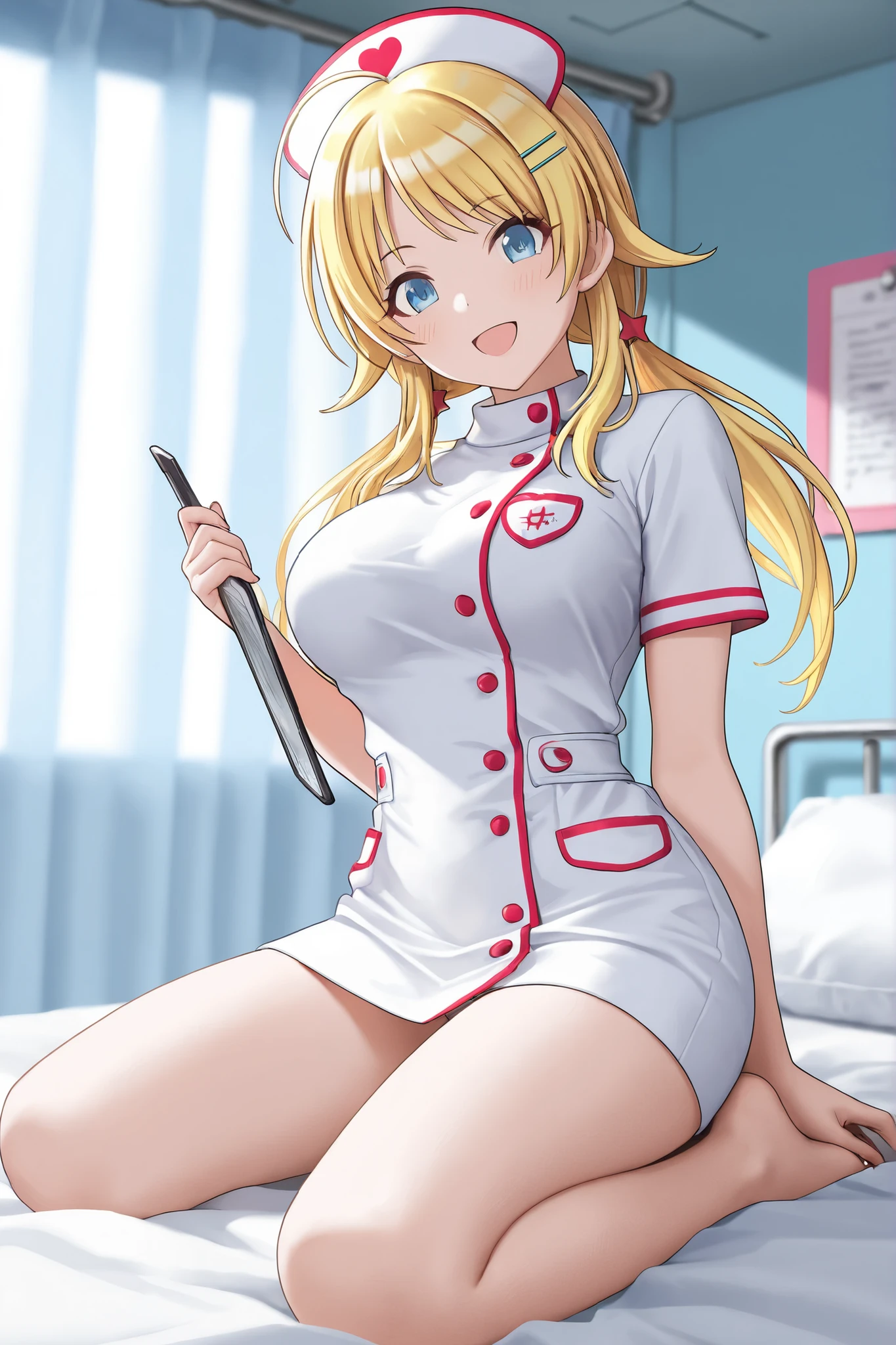 1woman, solo, nurse, nurse cap, white wear, ((white legwear, zettai ryouiki)), white gloves, blonde hair, blue eyes, pink lips, smile, standing, ((hospital room)), sharp outline, short sleeves, mature female, 35 years old, best quality, masterpiece
