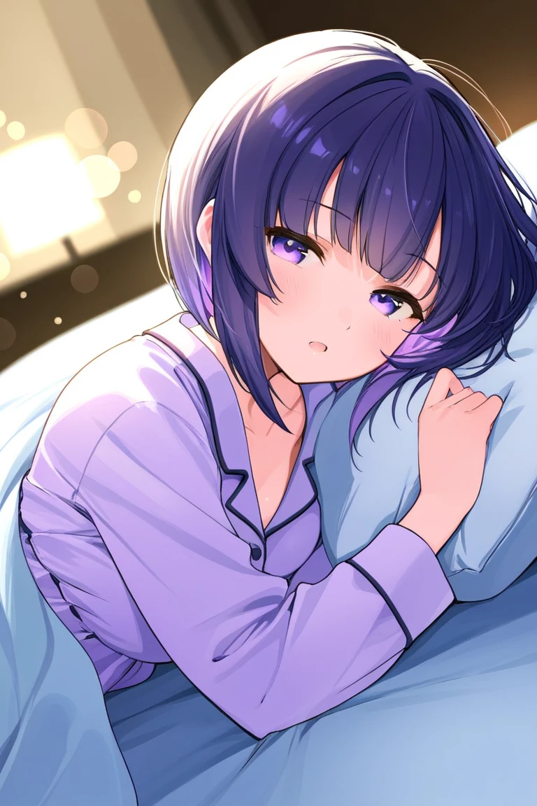 (masterpiece, best quality),
1girl, lying, on side, hands up, looking side
break, girl, casual, 8 yo, (wide hip:1.2), hanging breasts, pink hair,short hair, purple eyes,night,pajamas