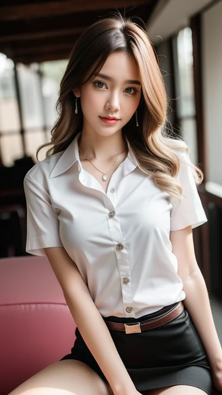 Realistic, masterpiece, Highest quality, Highest Resolution, Japanese , 16 years old, Upper body photo, Squint your eyes, Embarrassed, Open your mouth, Beautiful and detailed eye drawing, (Droopy eyes:1.3), Iris, Thin eyebrows, Draw eyelashes carefully, Small teeth visible, Gal Makeup, (Pink gold wavy hair, Long Hair, middle part:1.3), (Hidden eyelid wrinkles:1.3), Wearing a plain white button-up shirt., She is wearing a short, grey, checked pleated skirt., The subject was photographed at an angle from below, School classroom