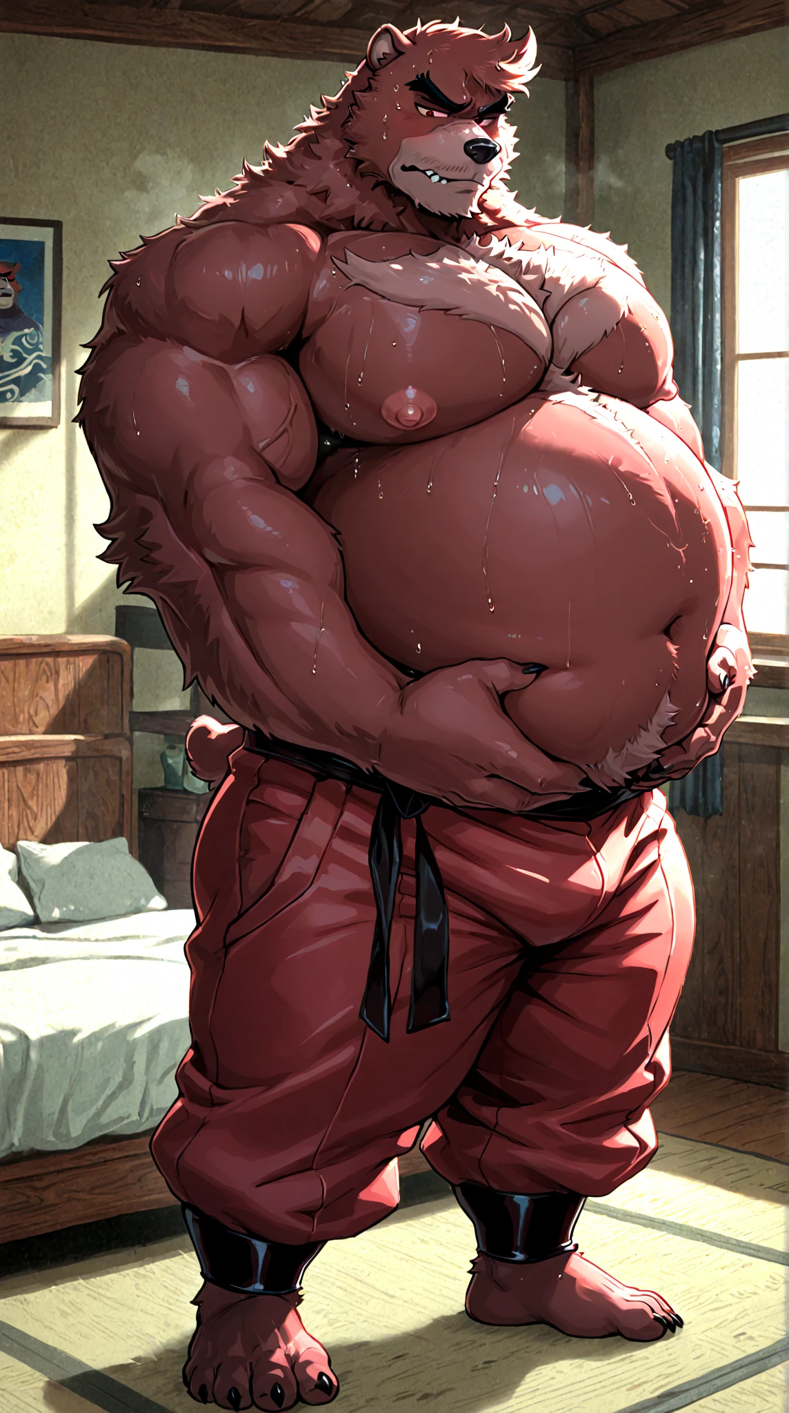 Anthro dragon with red fur and a beige underbelly, white mane, very big and thick white beard, old, chest hair, orange eyes, black horns and claws, large, not muscular, overweight, chubby, fat, navel, big belly, belly, giant belly, bloated belly, bulging belly, vore, gurgling belly, digesting, green gurgle lines around belly. Lazy, dad, daddy, dilf, bara, adult, aroused. Standing up, holding belly, smirking, looking down at POV. Wearing white tank top, black underwear with bulge, glasses, dragon tail. Night time, midnight, cozy lights, apartment, lofi. Upward composition.