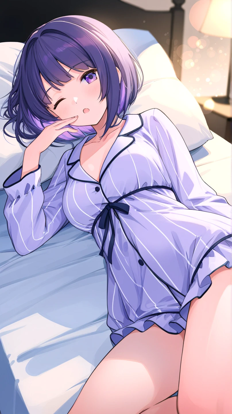 (masterpiece, best quality:1.2), 1girl, sitting in a bed, silver hair, long hair, horny, black pajamas，black pajamas short bottoms, sexy pose, open legs,
