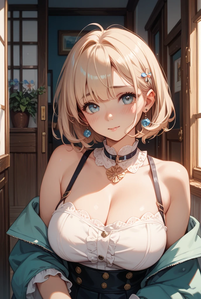 masterpiece, absurdres, best quality, ultra detailed, high Resolution, detailed illustration, extremely beautiful detailed face and eyes, Delicate beautiful face, bright colour, 1girl, cute face, magenta eyes, sparkling eyes, big eyes, medium breasts, (perky breasts:1.1), (pointy breasts:1.1), medium hips, glamorous body, white skin, happy, BREAK, long bob cut, (blonde hair:0.8), messy hair, detailed hair, shiny hair, BREAK cardigan, tiny ribbon, real world, natural lights, perfect lighting, outdoor, from below,