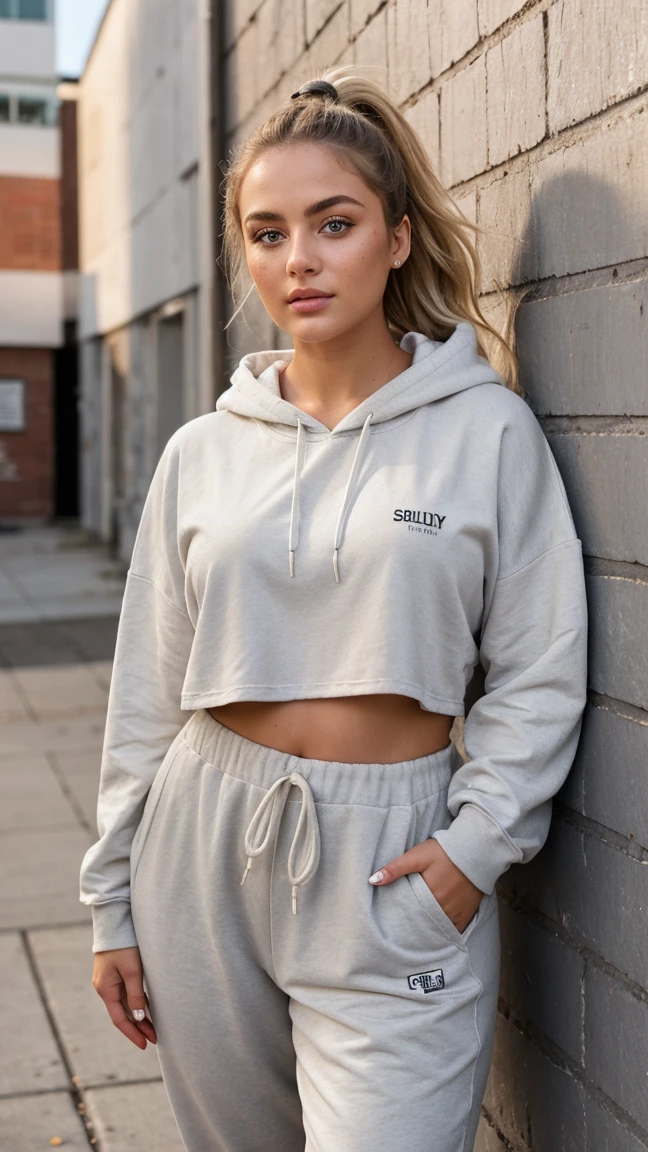 photo of (sks woman:1.2), cowboy shot, gray hoodie, black legwear, curvy, bold, bright colours, (white hair), long hair, (upper body focus), dynamic pose, <lyco:locon_alanahpearce_v1_from_v1_64_32:1.25>,