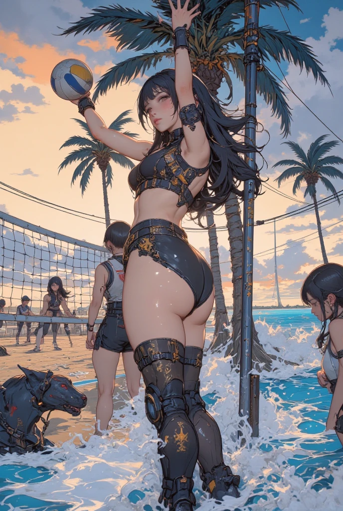 1girl as a bikini model, anime, cabelos brancos, black bikini, Botas pretas de coxa, Tonificado, Personagem estilo anime solo, Torso Tiro, foco na clivagem