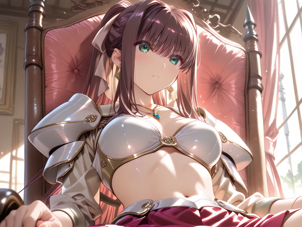 <lora:celica-10:0.8>, celica fe, 1girl, solo, looking at viewer, blush, sitting, wariza, on bed, seductive smile, cape, armor, dress, bare shoulders, thighhighs, tiara, gloves, pelvic curtain, leaning forward, cleavage, large breasts, thick thighs