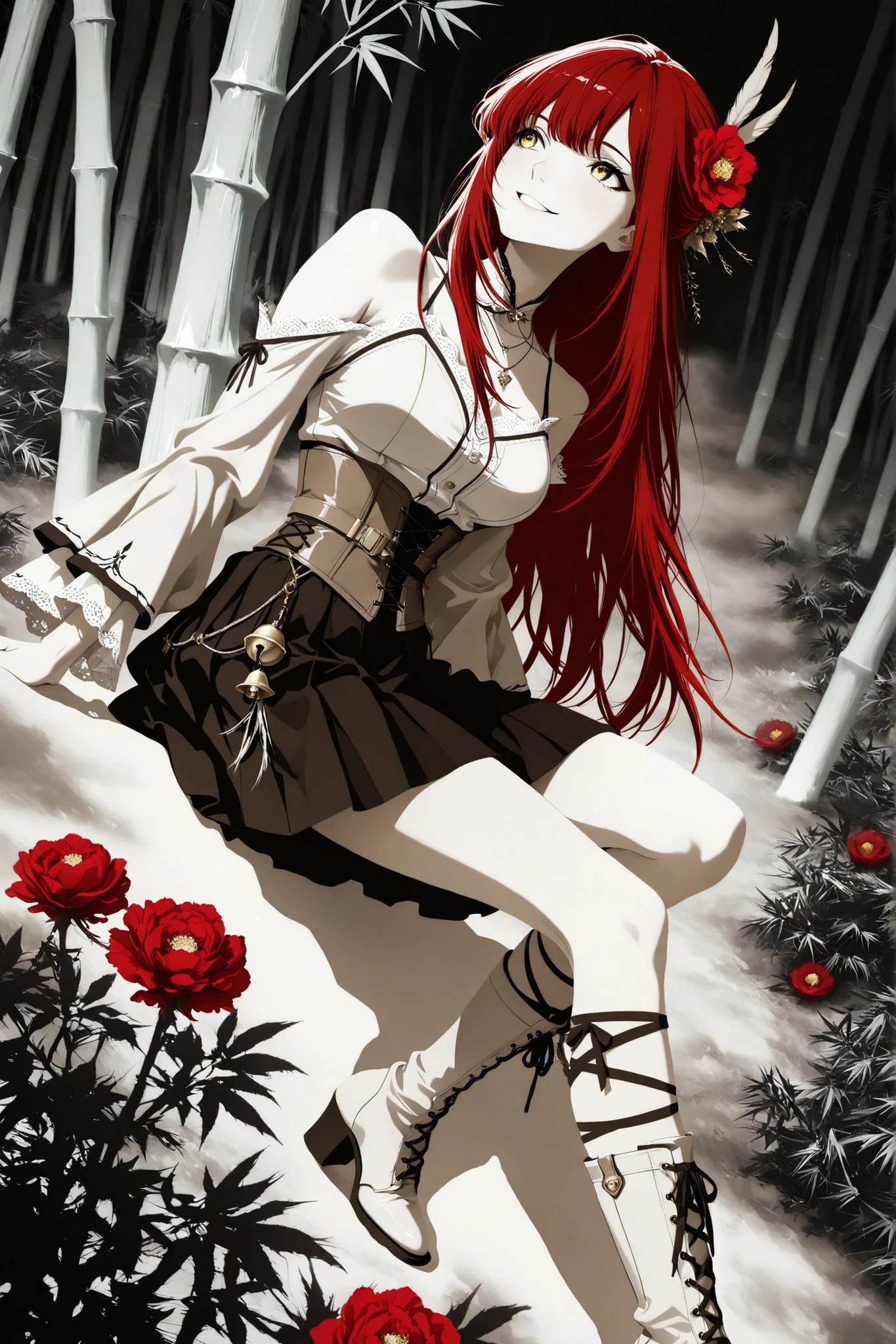 1 girl ,golden eyes , very long hair , long sidelocks, red hair ,half updo, petite , very cute , beautiful ,Straight hair, cool, handsome, hair ween eyes, mediumlarge breast, cool, beautiful, hair flower, Canna-Lilie, light brown vintage Pleated blouse with bell sleeves and bare shoulders brown vintage-gothic lace-up corset, long black gothic skirt with ruffles, heeled boots, Delicate belt chains with feather jewelry, white theme, light brown theme, necklace, bamboo, flower, hair flower, red flower, peony (flower), hair ornament, leg ribbon, solo, full body, sitting, head tilt, looking away, parted lips, smile, from side, ((dynamic angle)), dynamic pose, outdoors, nature, (blending, surreal:1.3), masterpiece, best quality, amazing quality, very aesthetic, 8k, HDR, cinematic, Dark color, monochrome, greyscale, ink \(medium\)
