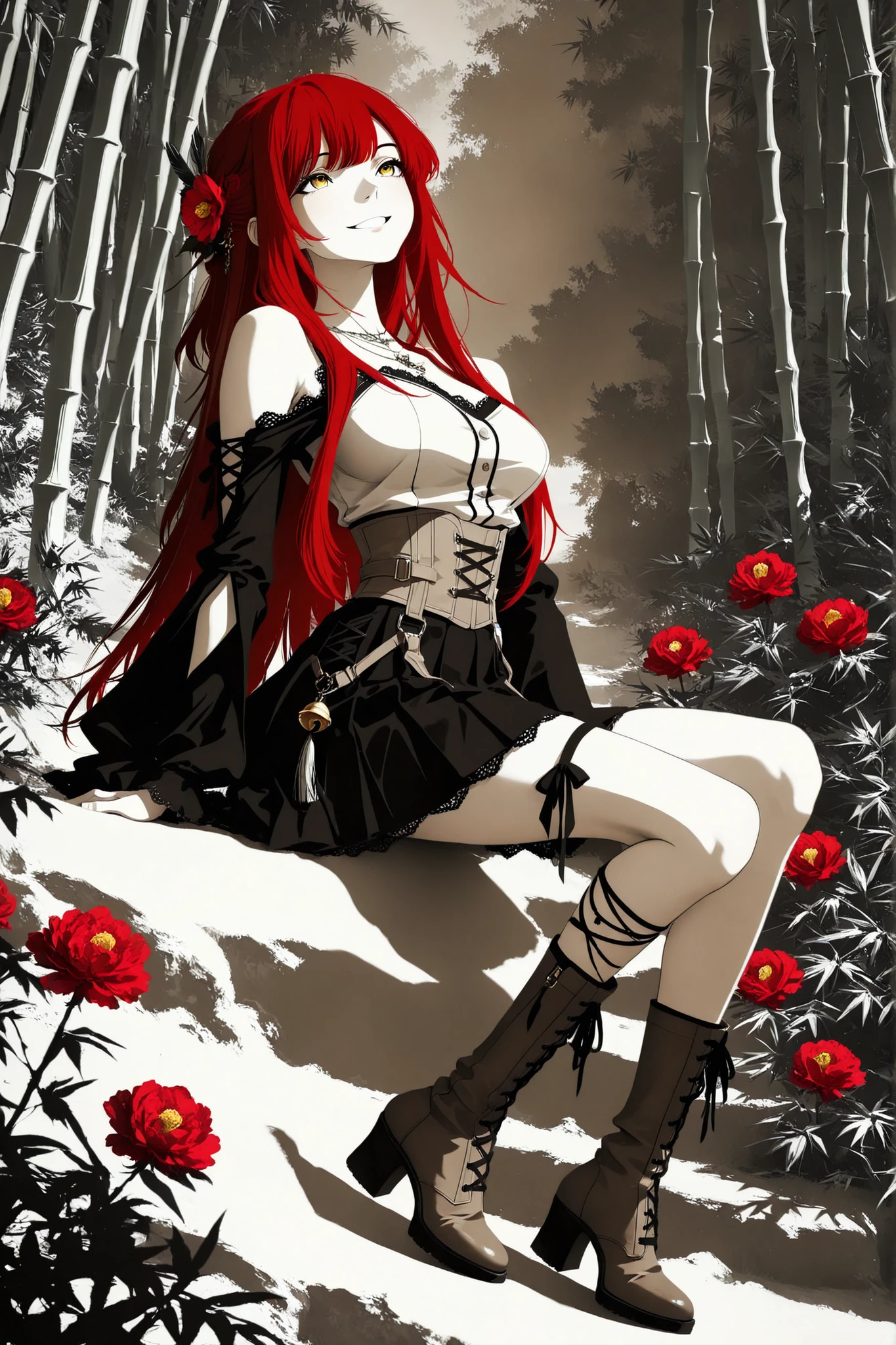 1 girl ,golden eyes , very long hair , long sidelocks, red hair ,half updo, petite , very cute , beautiful ,Straight hair, cool, handsome, hair ween eyes, mediumlarge breast, cool, beautiful, hair flower, Canna-Lilie, light brown vintage Pleated blouse with bell sleeves and bare shoulders brown vintage-gothic lace-up corset, long black gothic skirt with ruffles, heeled boots, Delicate belt chains with feather jewelry, white theme, light brown theme, necklace, bamboo, flower, hair flower, red flower, peony (flower), hair ornament, leg ribbon, solo, full body, sitting, head tilt, looking away, parted lips, smile, from side, ((dynamic angle)), dynamic pose, outdoors, nature, (blending, surreal:1.3), masterpiece, best quality, amazing quality, very aesthetic, 8k, HDR, cinematic, Dark color, monochrome, greyscale, ink \(medium\)