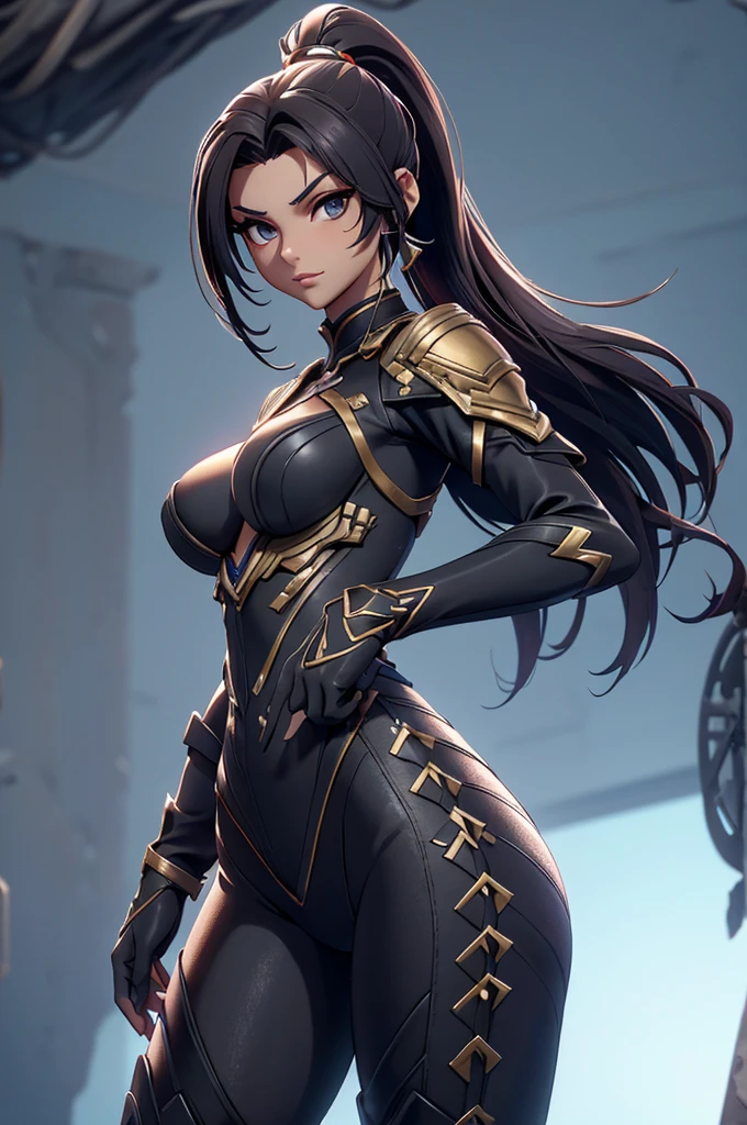 1girl, cowboy shot of rvn, hotraven, pale skin, black leotard, turtleneck, tights, cape, glowing eyes, gold belt, jewels, medallion, athletic, looking at viewer, night, dark forest, mist, fog, volumetric lighting, best quality, masterpiece, intricate details, tonemapping, sharp focus, hyper detailed, realistic