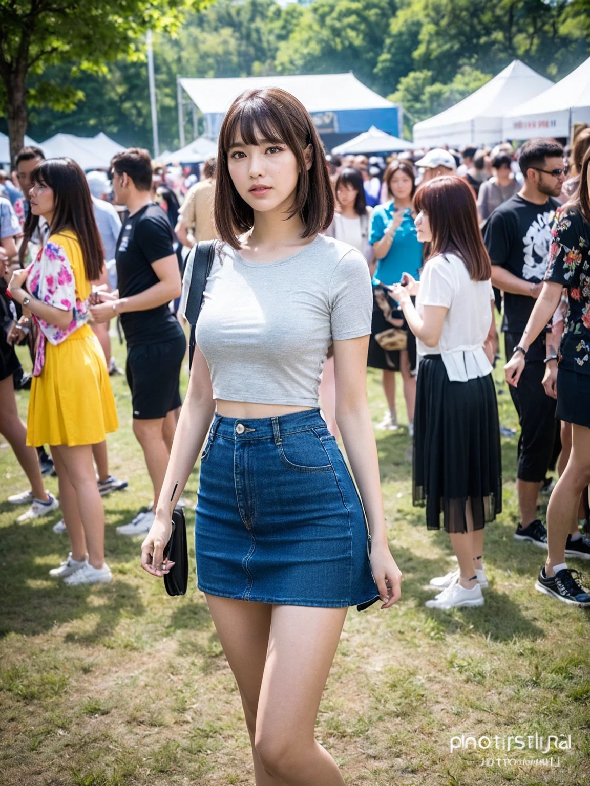 Highly detailed CG Unity 8K wallpaper, highest quality, super detailed, masterpiece, realistic, photo realistic, Highly detailed cute girl, 20-year-old, (skirt lift), ((skirt lift by myself)), white panties , panties focus, blush, parted lips, looking at the viewer , half body shot , wearing an off-shoulder shirt , (crowd), (crowded park) , short hair