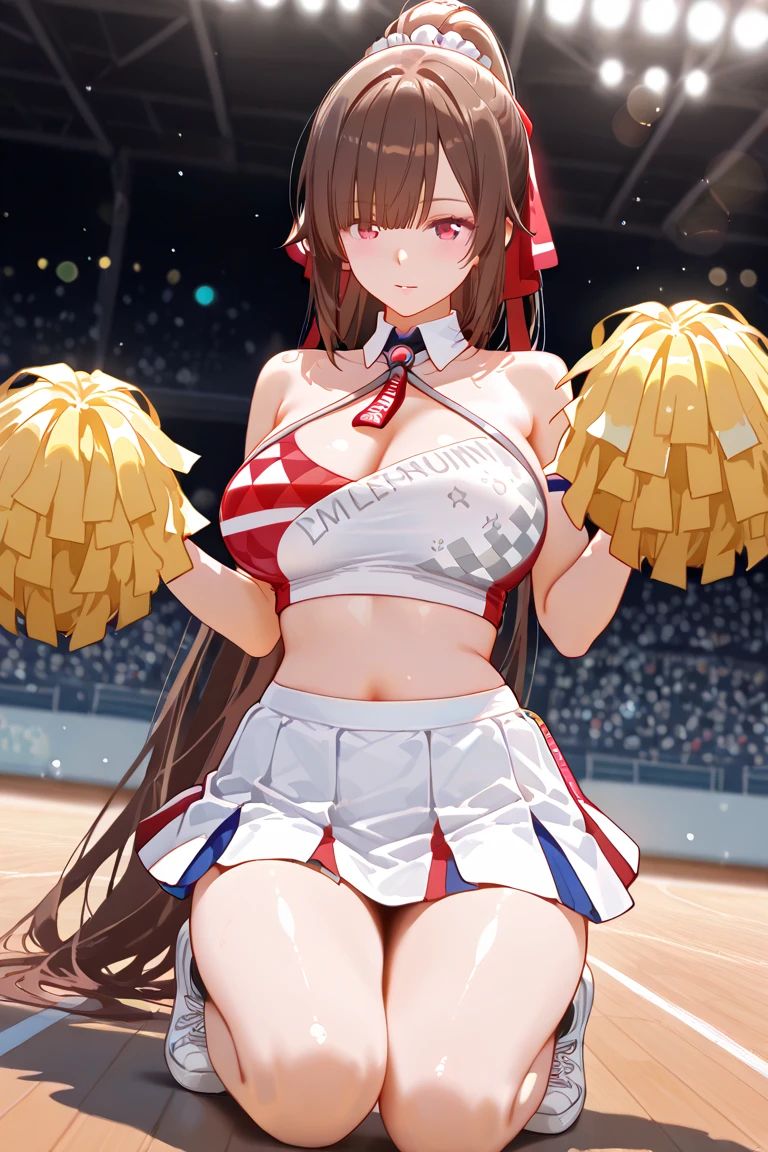 group:2.0,Topboobs,Underboobs,remote controller,Red,black,baseball stadium,Panty drop:1.5,Clothing with tiger printed on it,tubetops,ponytail,cheerleader, stadium, team spirit, pom-poms, enthusiastic, energetic, crowd, uniform, sports event, cheering, colorful, dynamic pose, happy, vibrant, teamwork, celebration, night game, lights, action