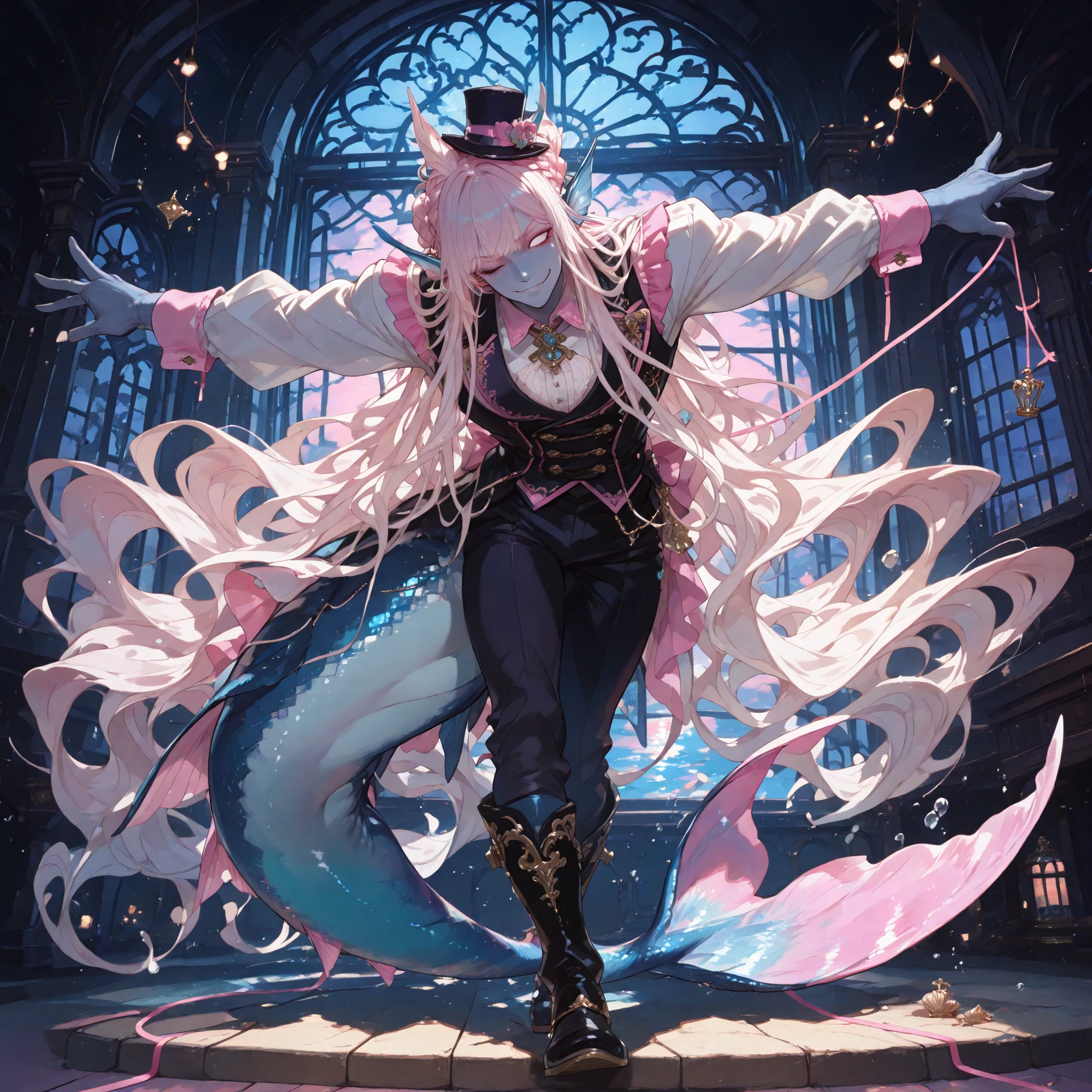 full body, atmospheric perspective, legs together, outstretched arms, leaning forward, (foreshortening,) spread arms, arms up, bow, cruel smirk, head tilt, graceful closed off posture, smug expression, ((wink,)) 1 (((man))), naiad, (((no pupils,))) (absurdly long wavy white hair), fanged bangs, crown braid, braided bun, (mini top hat,) blue skin, even skintone, (((merman ears))), pink ((gothic)) regency fashion, long eyelashes, (((masculine build))), black regency boots, waistcoat, (((long))) skirt, ((legs)), ((pants)), (((handsome))), (((masculine))), (((manly,))) sharp lines, rounded shapes, ultra quality, HDR, 8k, kawaii, cel shading, amazing composition, aquatic, underwater, seahorses, seashells, aquatic motifs, royal court, blue ornate architecture, arched window, (((pink string lights))), moonlight, twilight, dim lighting, ((dark)), (underlighting)