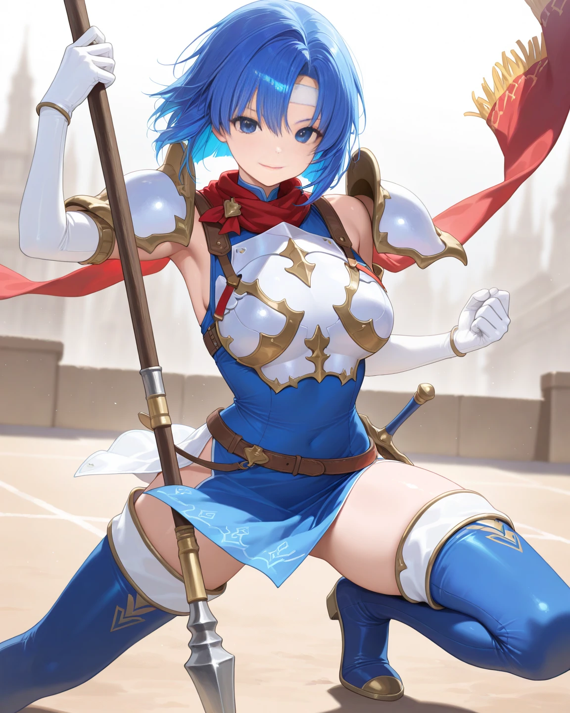 (White background:1.2),1girl,BREAK,Blue Hair, short hair, blue eyes, cute, Narrow waist, small, Toned Up, Large Breasts, Bare shoulders, Red neckerchief, Blue elbow gloves, Blue fingerless gloves, Pauldrons, belt, breastplate, White headband, Short dress, Dress slit, Blue tight boots, Blue long boots, Pegasus Knight Uniform (Fire emblem), low length,blush,Scared,distress,Open your mouth,(Her skirt is lifted up and her panties are visible,Blue panties:1.3)