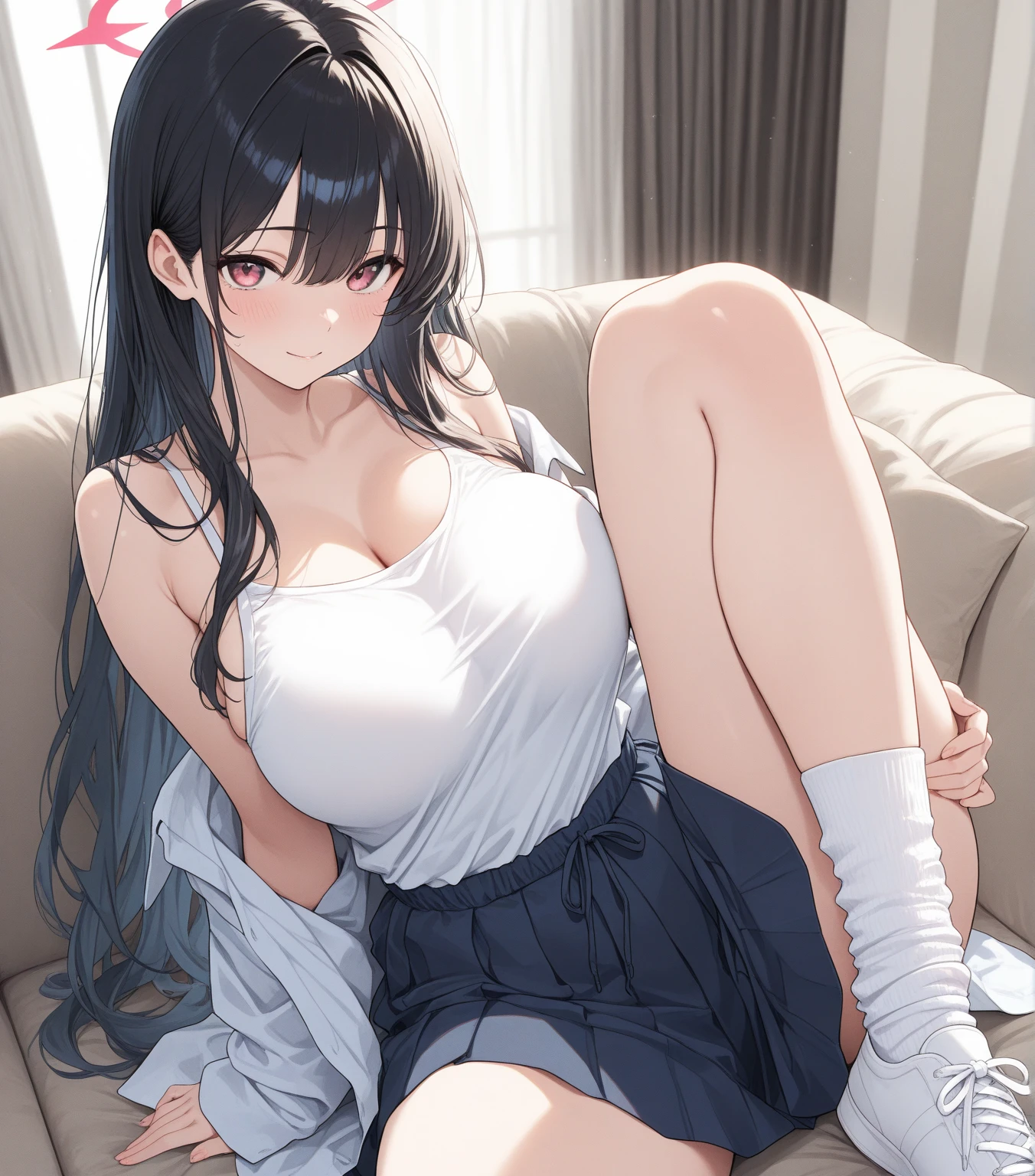 masterpiece, best quality, very detailed face, 1girl, black hair, long hair, untrimmed hair, black eyes, medium breasts, sweat, summer heat, wet skin, very wet, sofa, sitted, bare legs, bare arms, shirt only, evil smile, hot, nsfw