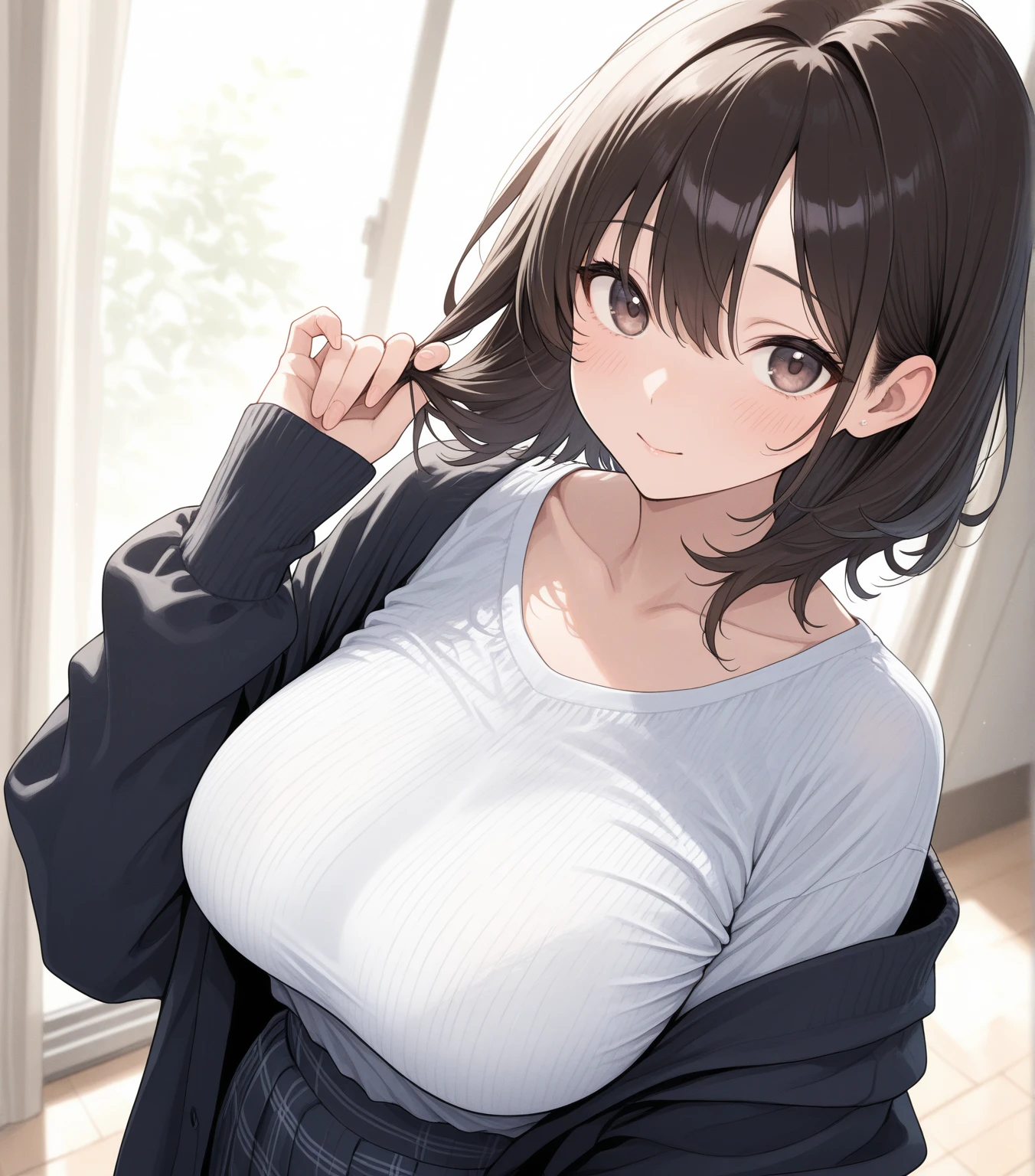 (Placing hand on chest:1.3), (shirt lift:1.2) ,large breast,focus breasts,show white bra ,lace bra,navel、Upper Body, Realistic, real person, (pale skin: 1.2), RAW photo, photorealistic, portrait photography, shiny skin, japanese idol、shiny hair、(25 year old woman with medium hair with bangs) and (wavy hair) and (brown hair) and (orange eyes) , BREAK (black) and (T-shirt) 、embarrassed, open mouth, The background is the living room、Alone、Are standing