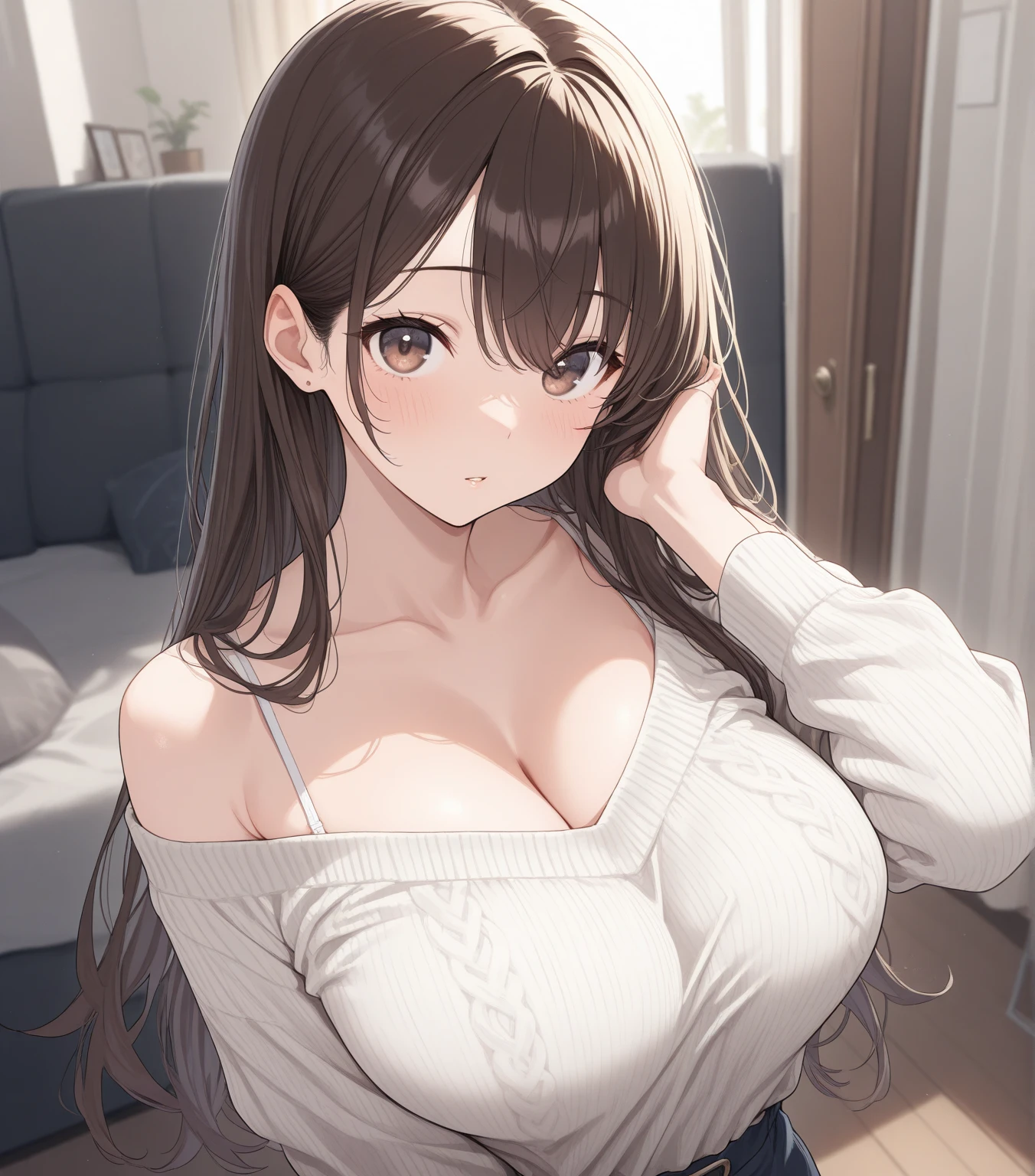 cinematic angle, looking up, (hand on own chest:1.2), Biologically correct five fingers、Upper Body, Realistic, real person, (pale skin: 1.2), RAW photo, photorealistic, shiny skin, shiny hair、(A 2 woman with medium-length hair and bangs) and (wavy hair) and (brown hair) and (orange eyes) , White T-shirt 、Cleavage、Sad smile, (embarrassed:1.3), Sofa in the background、Alone、