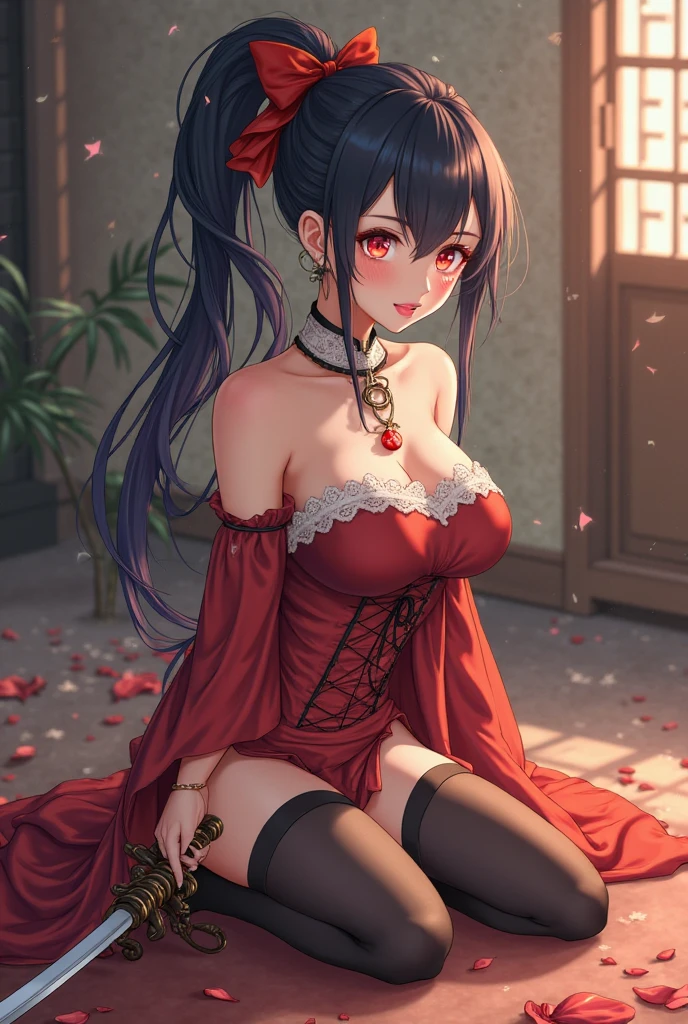 absurdres, RAW photo, extremely delicate and beautiful, masterpiece, Best Quality, ultra high resolution, 32k, hyperrealistic, ultra-detailed, delicate facial features, beautiful detailed woman, tearful mole, earring, medium breasts, full body shot, medium hair, black hair, wavy hair, red black costume, Onmyoji,