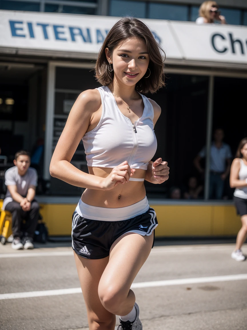(table top:1.2), (highest quality:1.2), (High resolution:1.2),
1 girl, Are standing, (cowboy shot:1.3), (camisole:1.5), (hot pants:1.2), (big breasts:1.5), swaying chest, (running:1.5),
(cute smile:1.3), live stage, (dark:1.5), (Spotlight:1.2),