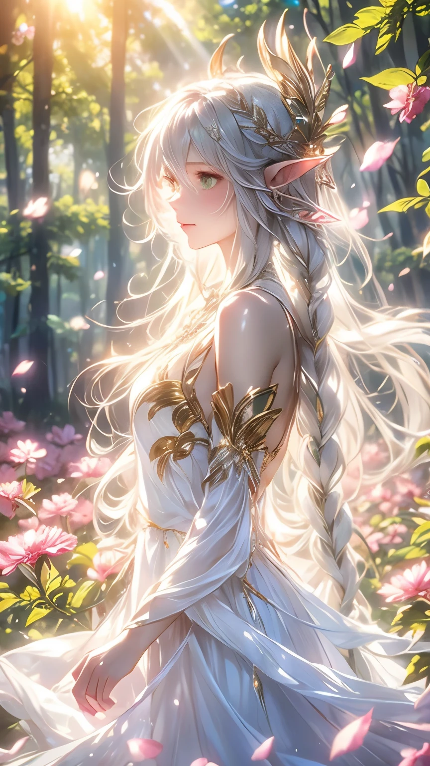 (piece, 最High Quality, High Quality, high definition, Super Detailed), realistic,,Sweet Girl, The Greater Lord Lucca Devata, (side braids:1.1), long hair,((gray hair)), leaf headdress, (pointed ears), Elf, green eyes, My skin is white, bare skin shoulders, (medium ), (Disconnect:1.1), jewelry, white long dress, (Detach Sleeve:1.1), bracelet, (hugging another boy:1.2), (Floating Hair:1.3), from side,,(In the woods:1.3), (pink flower:1.1), (falling petals:1.1), (Lens Flare from Right:1.2), (God's Light from the Right :1.2),,