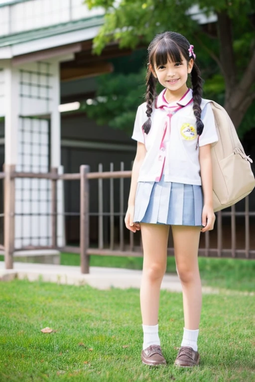 Japanese,10 years old,Innocent face,Teenage Girl,cute,Primary school students,Private elementary school,uniform,Carry a school bag,Summer clothes,Sitting.During sex、