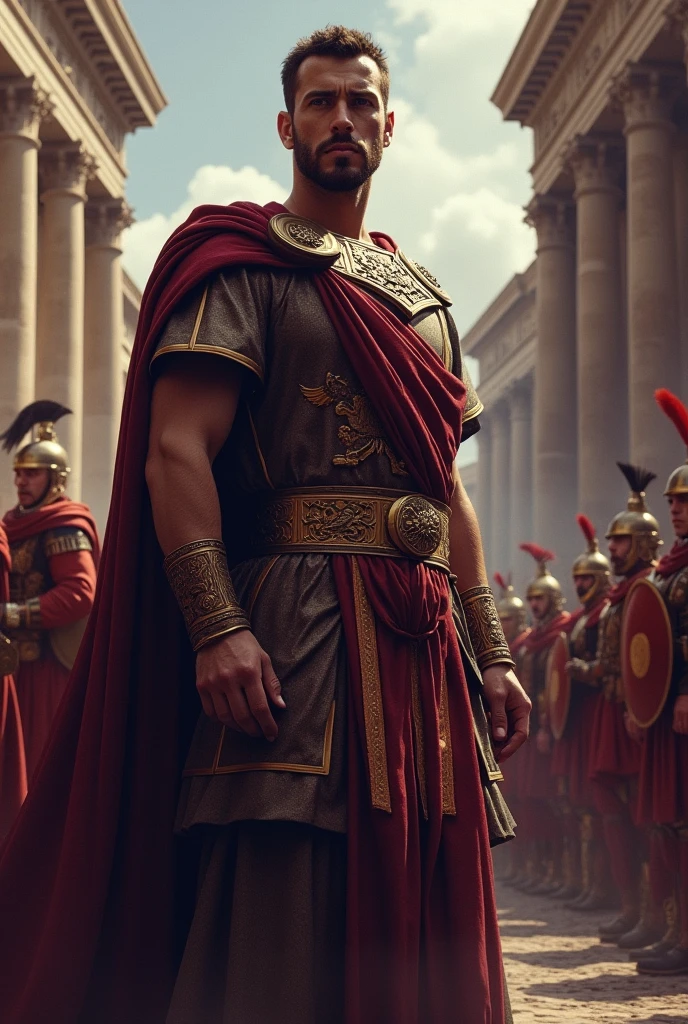 Marcus Aurelius imposing muscular emperor with his soldiers 