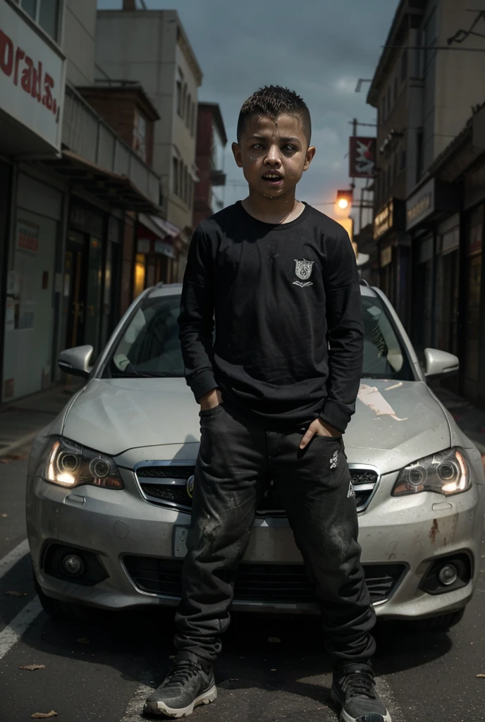 A boy was scared by a car at night. standing the bed