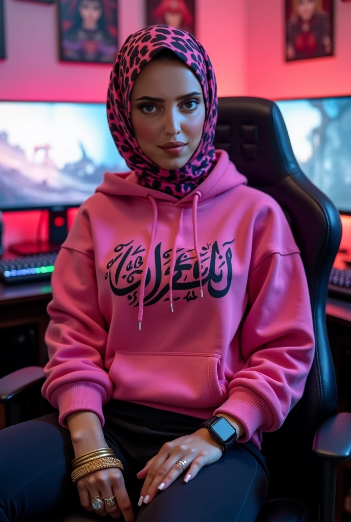 (beautifull gamer lady, (((wearing hijab))), looking to the computer monitor, wearing expensive headphone, sit on luxury gaming chair, wear mini sport bra and mini skirt, expensive gaming room, full of gaming tools, neon flex on the wall, lamp off, expensive gaming pc on gaming desk, (show cleaveage), beautifull face, beautifull eyes, beautifull nose, sexy lips, raytracing, nsfw, beautifull fingers, beautifull hands, sexy belly, sexy body, sexy shoulders, sexy legs, sexy hips, (luxury bracelet), (luxury ring), (luxury necklace), white skin, (4 fingers in 1 hand), full body picture, pretty makeup, good lighting, realistic shadow, professional photography, blue color scheme, 2k resolution, perfect anatomy, nsfw, view from top angle, cyberpunk style, wearing VR
