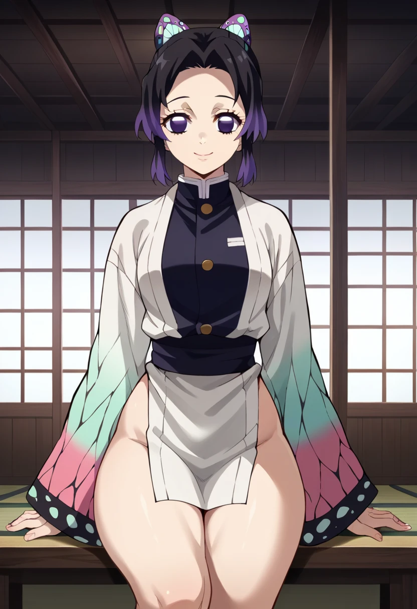 1girl, anime style, shinobu kocho, ripped kimono, beautiful detailed eyes, beautiful detailed lips, sexy body , full body view , round breasts white pantyhose