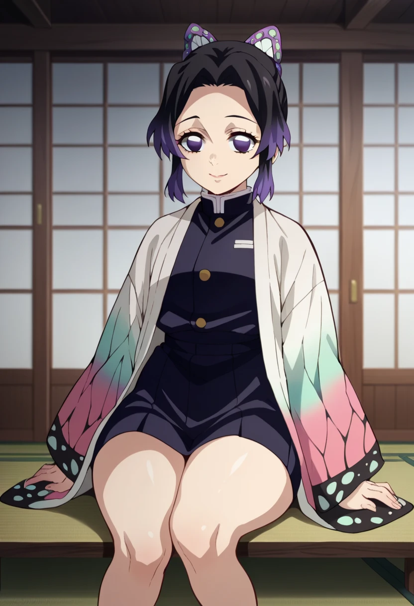 Anime background art, room background, a bed, lying on a bed, beautiful anime scenes, 4K anime art wallpaper, 4k anime art wallpaper, Rosla global illumination, anime girl, best quality, detailed, 1 girl, alone, same as LORA, same as lora, closed mouth, light smile, perfect face, perfect eyes, black hair, purple faded hair, perfect hair, black color, defined eyes, purple eyes, short hair, folded ponytail, headband, butterfly hair accessory, looking at the viewer, kimono costume, naked, showing her vagina, perfect vagina, legs open, open vagina.