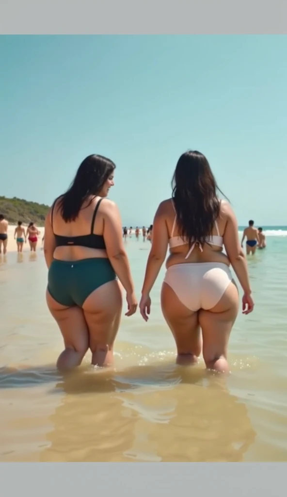 fat ssbbw curvy bottom heavy pear shaped wide hiped british women, 30 brunette, they are standing together near the pool, they are wearing tight low waisted leggings, and short sleeved button up hawaiian shirts, view from behind
