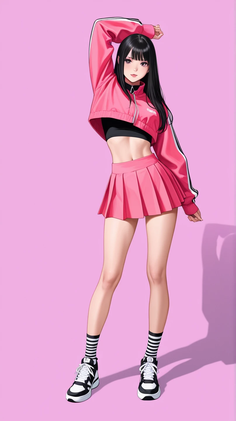 ((medium chest, small head)), best anatomy, accurate anatomy, accurate fingers, accurate hands, accurate legs, 1girl, best quality, high resolution, bangs, breasts, eyes visible through hair, detailed eyes, detailed mouth, detailed face, foreshortening, green eyes, hair intakes, looking at viewer, parted bangs, ((pink hair)), ((red shirt)), shirt, ((short hair)), sleeveless, sleeveless shirt, small | medium breasts, solo, ((masterpiece)), portrait, mature female, skirt, mini skirt, short skirt, shoes, sneakers shoes, high shoes, white shoes, thighs, armpits, beautiful armpits, front view, blushing, standing, navel, hand up, beautiful legs, stomach, --auto --s2