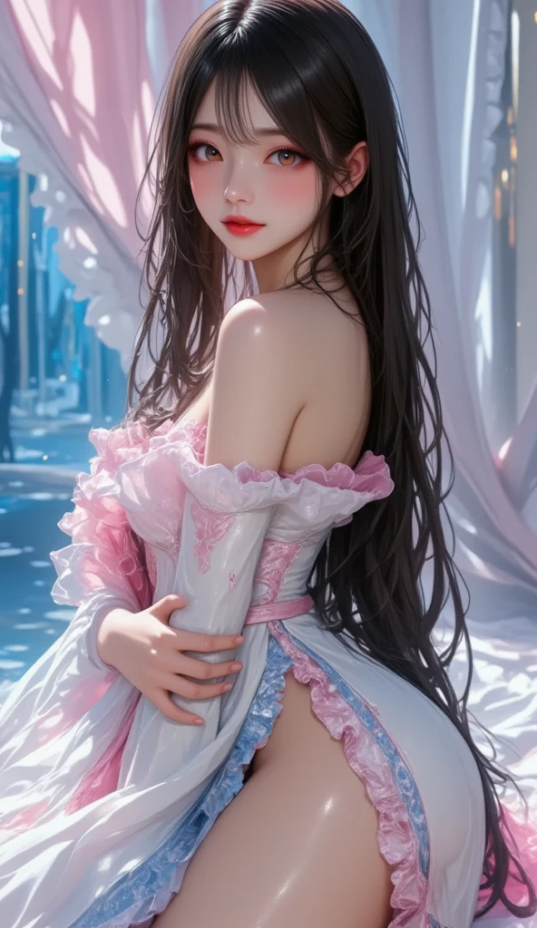 Proportional coordination,Lying on muddy ground,Spread your legs to the sides,Exposes the at the base of the thigh,female genital,full bodyesbian,The barefoot,(tmasterpiece:1.2,best qualtiy),realisticlying,(Real pictures,Complicated details,depth of fields),(1girll,独奏),highly details,(gigantic cleavage breasts:1.4),long whitr hair, blackigeyes, (((Beautiful woman spreading her legs in openwork off-the-shoulder pink wedding dress,Expose the genitals))),Reveals a slender waist,There is a waistcoat line at the waist,weeping,aggrieved look