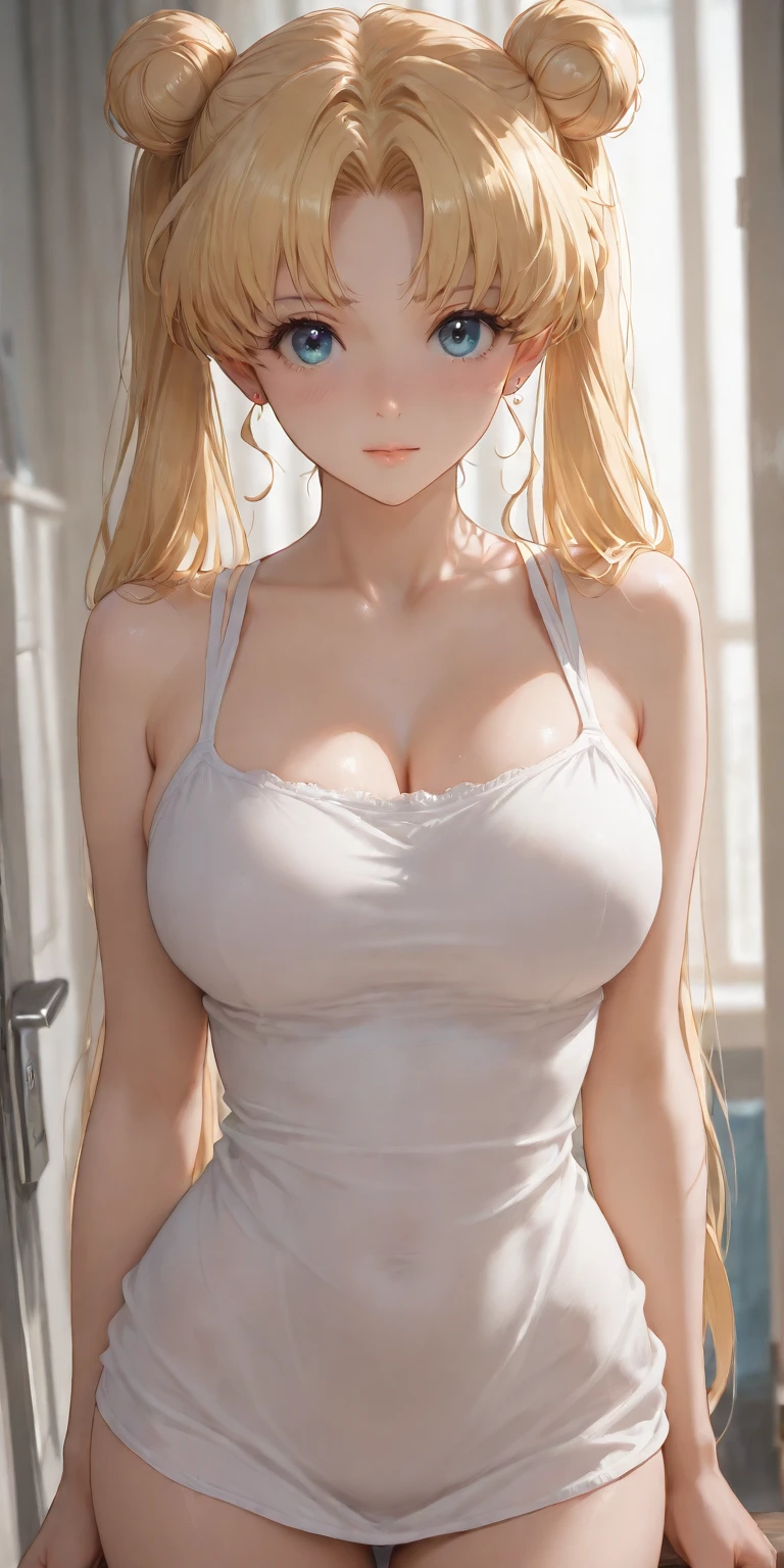 blonder woman, voluptuous body, with beautiful curves wearing a short white dress where you can see her panties and she is without a bra, sweaty body with the dress becoming transparent, and she's making an ahegao face.