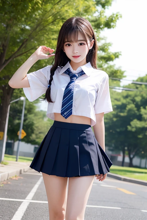 8K, Top Quality, Real Image, Complex Detail, Ultra Detail, Ultra High Definition, Depth Field,(Photorealistic,Real:1.2),Masterpiece, 0.25 :: Close Up , Straight On Shot , Middle Out ,
One girl, ai_chan, very beautiful 17-year-old girl, innocent big eyes, (Brown_SHORT_hair), (GREEN_eyes: 1.0), (bangs), disheveled hair, (hair clip), perfect shiny skin, perfect skin, fair skin, medium breasts, slender, cleavage, thin waist, light blush, solo, looking at the viewer, light smile,
wear ((school_uniform), (white_skirt), (BLUE_Long_Tie), (BLUE_pleated_skirt), (Black_pantyhose): 1.2),
(Gravure Pose: 1.1),
sunset
Japan High School ,Full Body