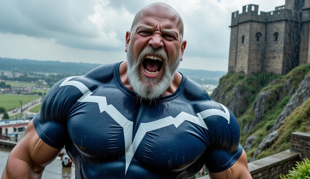 Hyperrealistic image of an elderly Latino warrior superhero jumping in the air with very long gray hair. An angry super heavy bodybuilder flexing his muscles A full body obese bodybuilder with a very sweaty body. An extremely muscular and extremely fat old man over 70 years old weighing over 600 pounds Very muscular and very hairy man with very large and very sagging pecs with dark nipples and gynecomastia floating above the snowy peaks of the Andes and under a stormy sky of sunrise with lightning wearing a small leather skirt