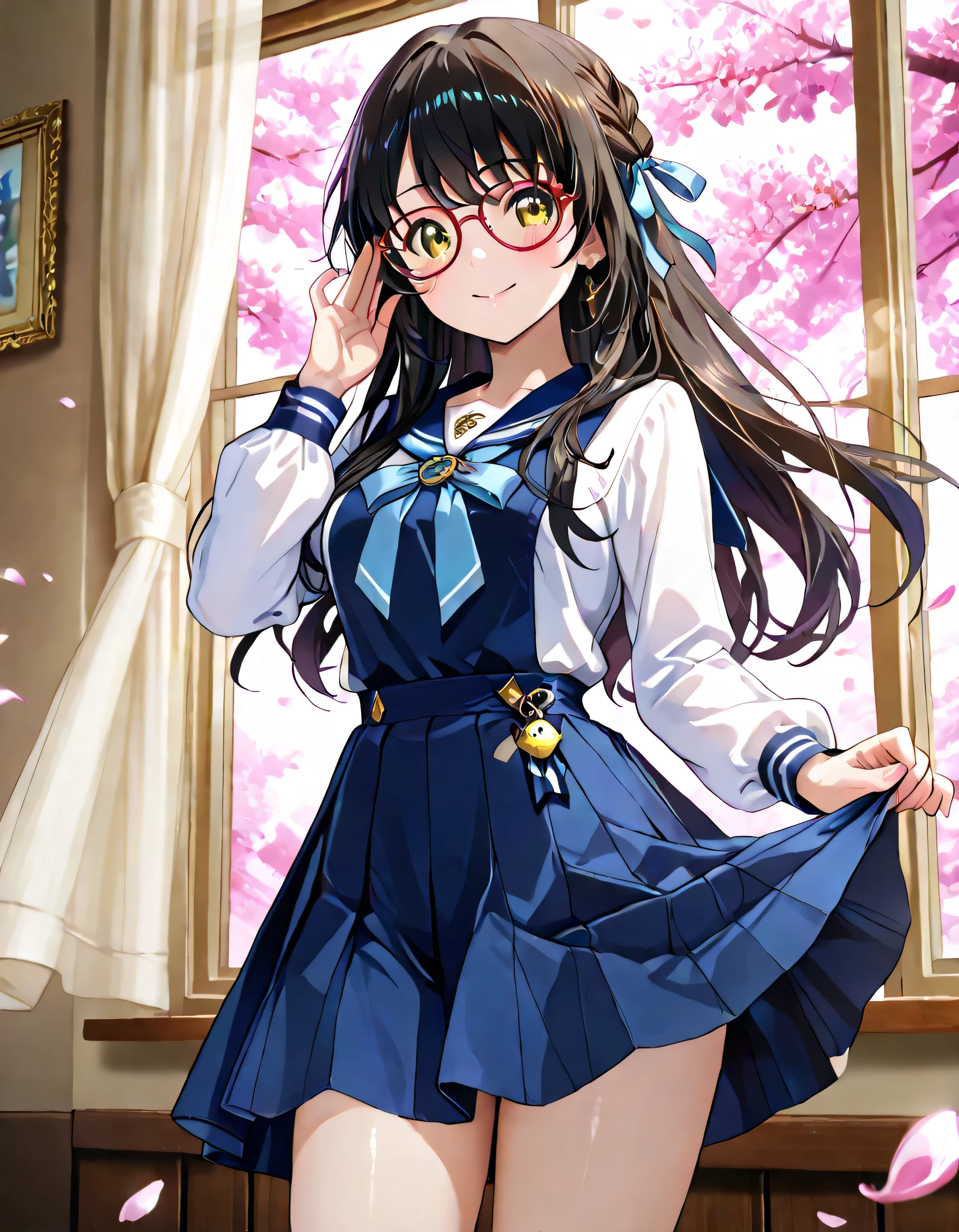 A masterpiece illustration of Sena from @aIsena0781, a stunningly captivating anime-style girl embodying a perfect blend of innocent charm and bold sensuality with an 'oshizuecchirarism' aesthetic. She has glossy black hair styled in a dynamic half-up, half-down arrangement with an aqua-blue ribbon fluttering playfully, cascading with soft waves. Her large, droopy brown eyes exude warmth and a hint of flirtation, framed by bold, expressive eyebrows and accentuated by round glasses that add an intellectual yet alluring charm. Her figure features a 30% enhanced bust size, emphasizing a voluptuous yet elegant silhouette. She wears a classic Japanese sailor suit with a short, pleated navy-blue skirt and a matching navy-blue bloomer underneath, subtly revealing her thighs and hinting at her curves with a daring yet tasteful balance. A heart-shaped aqua-blue pendant rests near her chest, adding a touch of sweetness. Her pose is lively and confident, standing with one hand adjusting her glasses and the other playfully lifting her skirt slightly, exuding natural elegance and a bold, flirtatious energy. The background is a dreamy, softly lit classroom with aqua-blue tones, adorned with floating cherry blossom petals and gentle sunlight streaming through a window, creating an intimate and enchanting atmosphere. The art style is hyper-detailed, with smooth, glossy textures, vibrant yet harmonious colors, and cinematic lighting that highlights her radiant beauty and dynamic presence. The overall mood is warm, inviting, and irresistibly captivating, capturing Sena's beloved 'hidden' persona with a fusion of cuteness, elegance, and sensual allure. --ar 16:9 --v 6 --q 2 --style 4b, Uncensored, Moro,