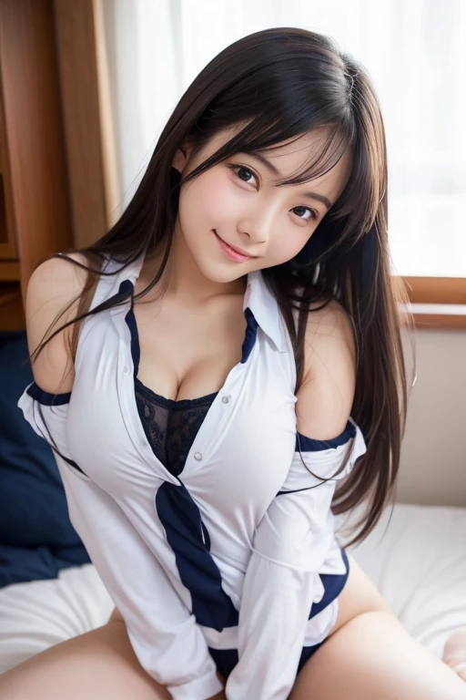 Best Quality, hotels room、Angle from above、Scenery taken from the sky、on the beds、(laying on back、Laid down、lying on one's side),(Sleeping on your back、Put your hands on your head),japanaese girl, 8K, Raw photo, top-notch quality, 1 beautiful Japanese girl, 18 years old,Japanese Idol, gals、poneyTail、Tempting smile、Fluttering chest、tits out、Cleavage of、Emphasize、Overflow from uniform、Large breasts, (School uniform)