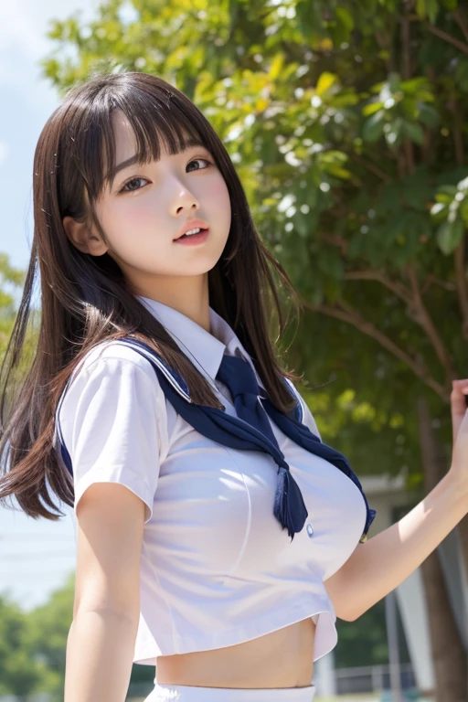 (masterpiece, Highest quality:1.2), 8K, Young and beautiful girl, 85mm,Official AR RAW Photos, (Baby Face), ((Small face)), ((Big Breasts)), ((Backwards)), ((Show me your ass)), ((Show me your boobs)), Detailed nipples, Show me your ears、photo shoot, Cute face, Thighs, Classroom after school, Looking at the audience, Embarrassing、smile、 makeup, Film Grain, chromatic aberration, Sharp focus, Face Light, Bright lighting, 10 generations, Detailed face, Background blur、((((((14 year old high school girl))))))、Narrow waist、Sailor suit、Dark blue mini skirt、White tiny panties