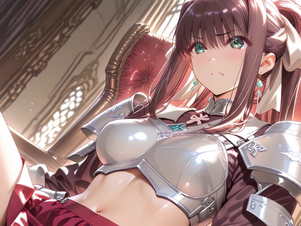 Cinematographic lighting、8K、masterpiece、 Best Quality、HAnd holding the head、1girl in、(kneeking、From above)、(Gonzo Deepthroat、thick penises、Wet 、And、Oral ejaculation、cum shots)、(toppless、Colossal tits、beautiful teats、Large areola、calarsr、Pink hair、scapular、croptop、A bracelet、collars、red shoulder armor)、Cinematographic lighting、 nabel、(Dark Prison、Dark Dungeon:1.5) , the background is blurred、 Beauty、(red blush:1.3)、Climax in the body、male pubic hair、(Saliva: 1.2、close-up)、cum on cheek、(((Nipples are visible)))