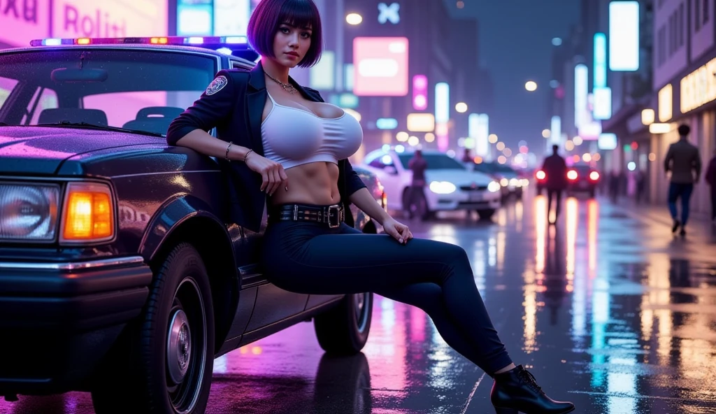 8k, Realistic Skin Texture, Realistic Photo, Neo Tokyo, slim Japanese women, large-breast:1.3 cleavage, AD2050 at night, Dirty hunting jacket, Wearing multiple shirts, (((black sunglasses, automatic rifle, sneakers, cold, shooting pose))), Innovative composition, revenge, An old 1966 Ford Bronco that looks out of place in a city, cyberpunk, blade runner worldview, Large neon sign, Geisha hologram sign, Strong Wakamoto Sign.