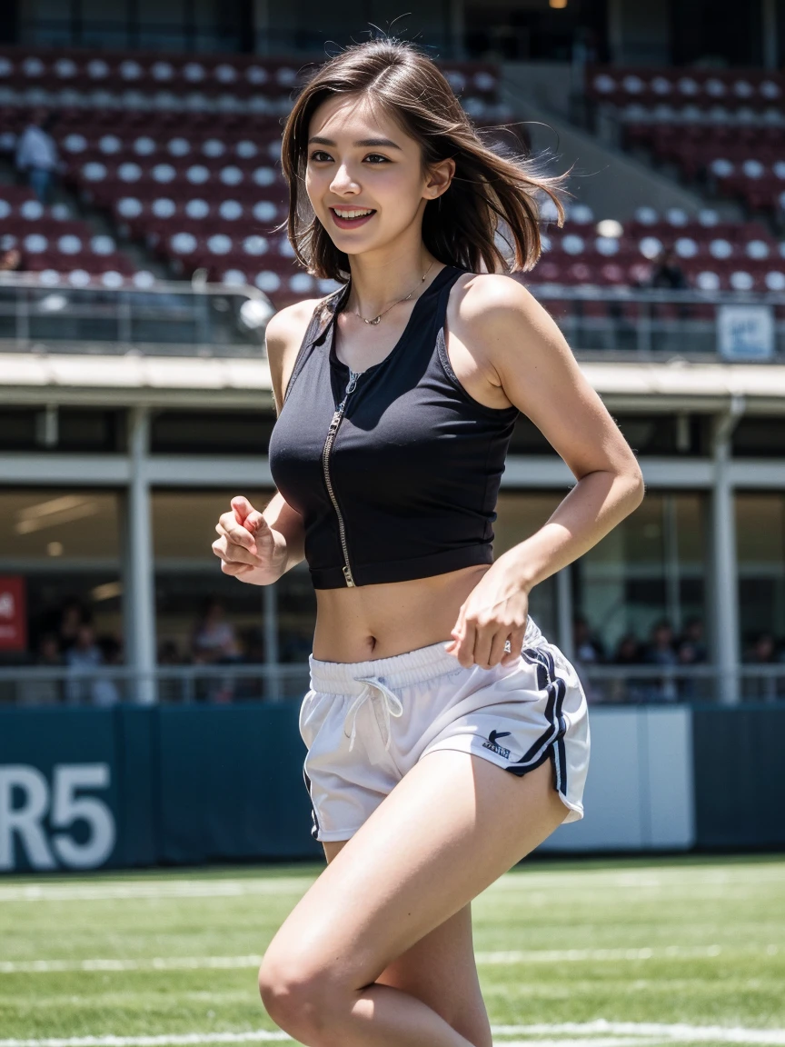 Young sweet beautiful Bogor city sporty girl, an Indonesian national soccer team player girl, 20 years old, slim body, georgeus sweet face, pony tailed short wavy black hairs, wearing wet red see through transparent t-shirt with Garuda emblem on the left chest, wearing white soft cup bra under her t-shirt, wearing wet white see through short pants, wearing white panty covered under her pants, wearing sport shoes and white socks, running fast happy in crowded stadion, sweat on all her skins and hairs, nipples exposed through her t-shirt, hairy vagina exposed visible through her pants