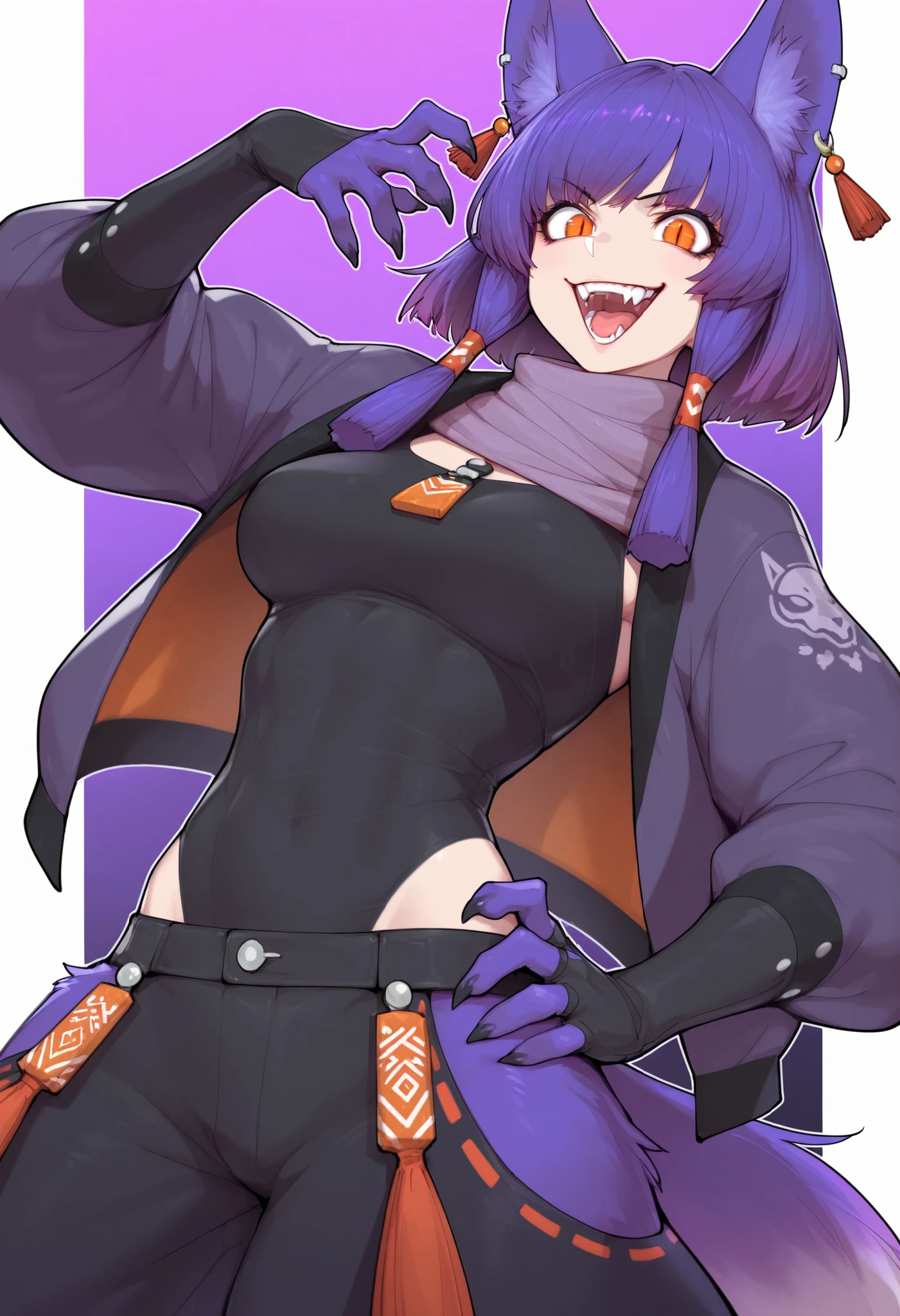 gorgeous kitsune girl, beautiful face, kitsune, hair of purple gradient fading to white, fur covered body, short fur on body, claws, hunter girl, orange eyes, red slit pupils, personalami style, volputrous body, medium breasts, slim and athletic, fox ears, short hair, adventurer jacket, buggy pants, multiple fox tail, strong female, athletic lanky body, fox ears, crazy smile, cute fangs, hair tubes, long hair, medium breasts, huntress, masterpiece, ultra definition, simple white background