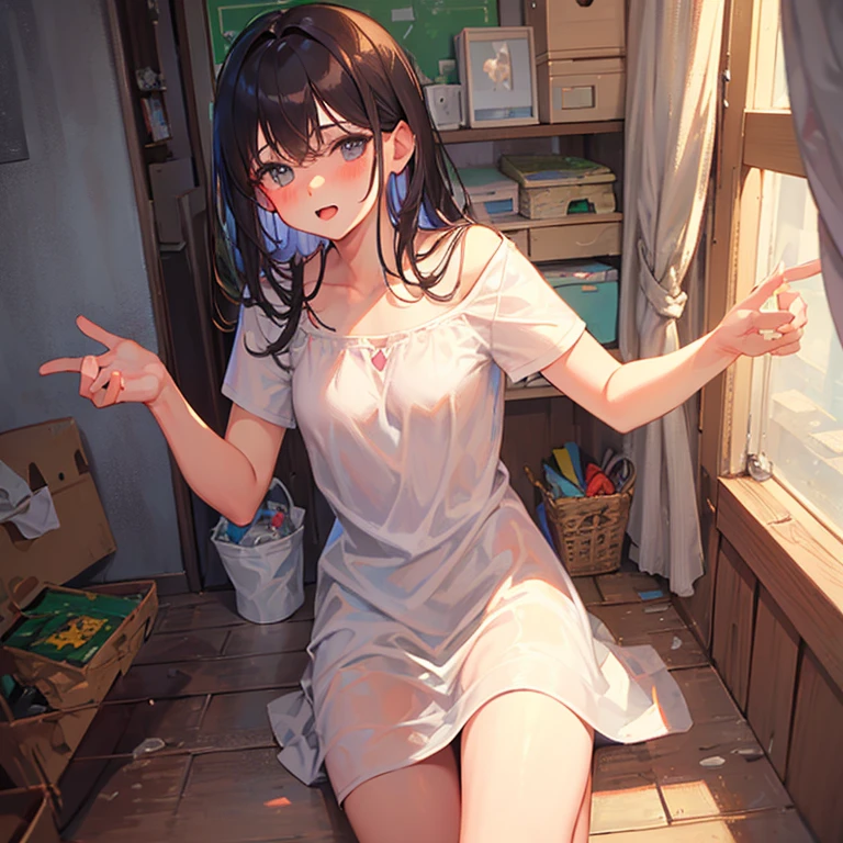 (Realistic:1.6),(High resolution:1.6),(alone, ),(Thin woman:1.2),(Beady Eyes),(Hollow Eyes),(Light brown hair),(Slender body),(Show off your ribs),(experience an orgasm),(Preteen),(Small breasts)，(Flat Chest),(Ahegao),(Ecstasy),(sexual excitement),(BDSM),(A white one-piece dress that lets your skin show),(Harness),(constrained),(Hands tied),(Tied up and unable to move),(masochism),(eroticism),(Both armpits are visible),(Hands behind head),(Sexually assaulted),(Paper Panties),(Paper Bra)，There is a white liquid in a container at your feet.，Bathe your face with milk，Bathe your breasts with milk，Bathing your feet in milk，Sweating profusely，Bleeding from the stock，Young body，low length，Drooling，Lie on your back，the lower abdomen swells，Full-body composition，Fisheye Lens