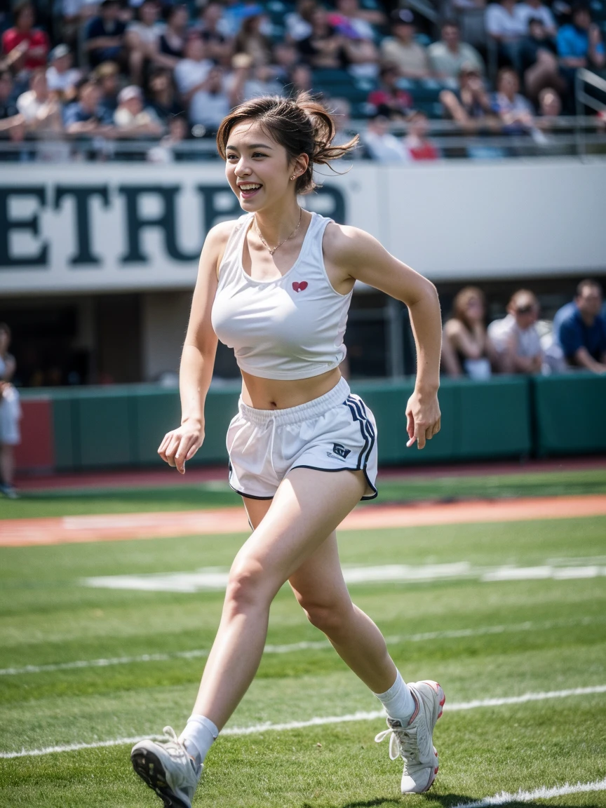 Ultra-definition photo quality、Athletics stadium in midsummer、A very tall and proud beautiful female athlete、Muscular、Long neck、Small face、Long, beautiful, strong limbs、Black short hair、No makeup、Healthy tanned skin、Sunburn marks、Sweaty、Winning spirit、strong、Looking down at me and laughing、Glaring at me、Staring at me、long red tongue、Muscular、Flushed Cheeks、White teeth、Hot Breath、A seductive smile、Taunt、teasing、Beautiful ample breasts、Tight waist、Six-pack、Broad shoulders、High leg、Bloomers、Armpit Hair、Fighting spirit、Desire to dominate、